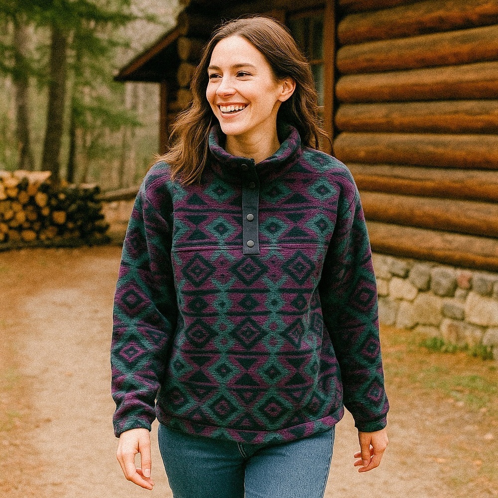 Woolrich Womens Vintage Fleece Pullover XL Aztec Print Snap Mock Neck 90s‎ - Picture 4 of 12